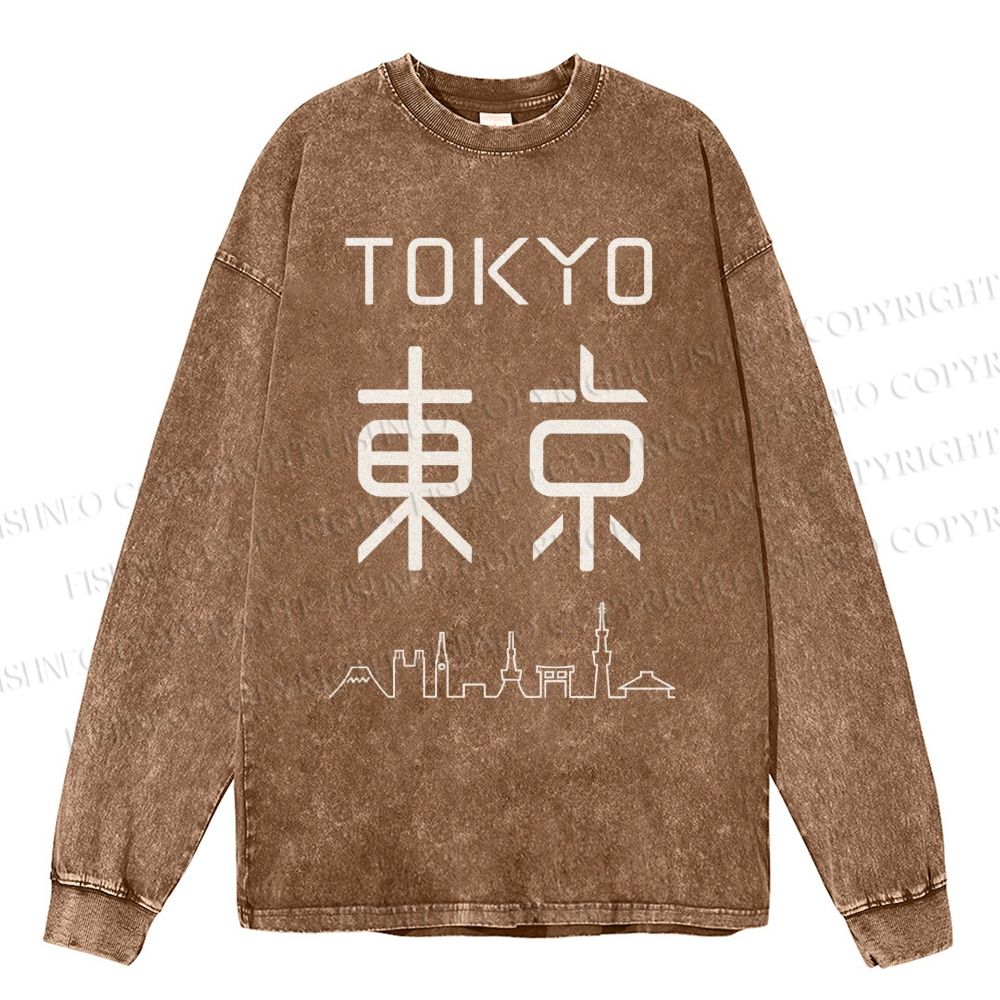 Unisex Casual Washed Tokyo Printed Long Sleeve T-shirt