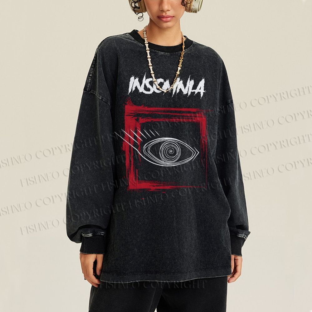 Unisex Casual Washed Artistic Eyes Printed Long Sleeve T-shirt