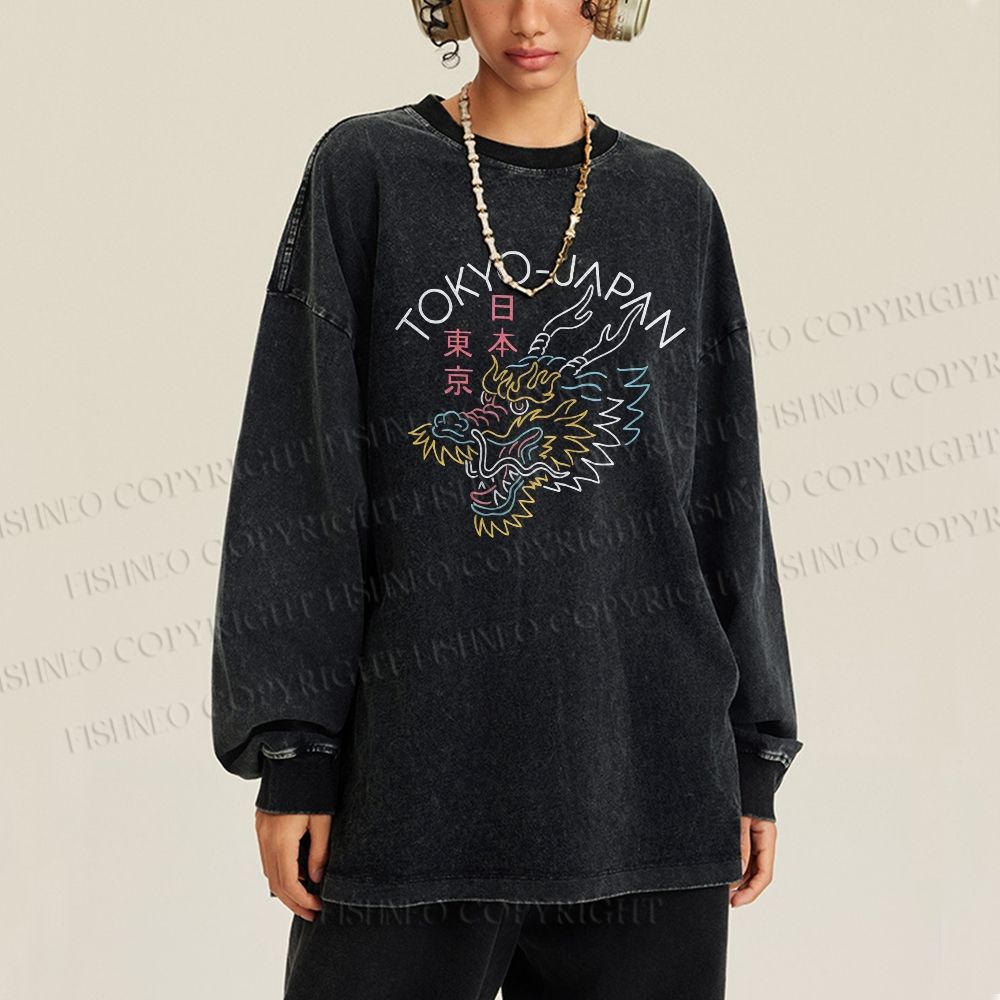 Unisex Casual Washed Tokyo Japan Dragon Printed Long Sleeve T-shirt