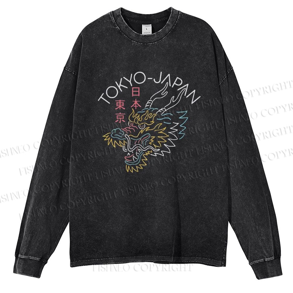 Unisex Casual Washed Tokyo Japan Dragon Printed Long Sleeve T-shirt