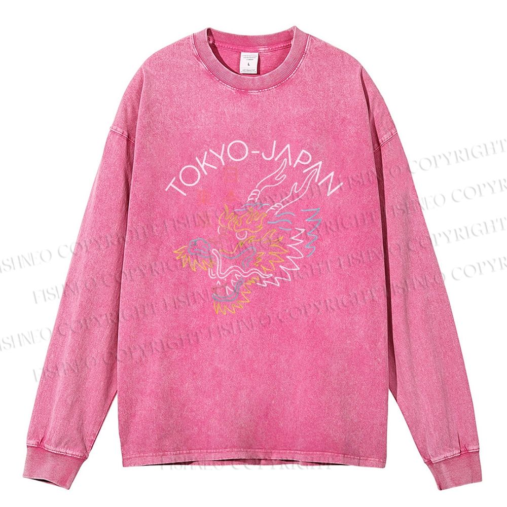Unisex Casual Washed Tokyo Japan Dragon Printed Long Sleeve T-shirt