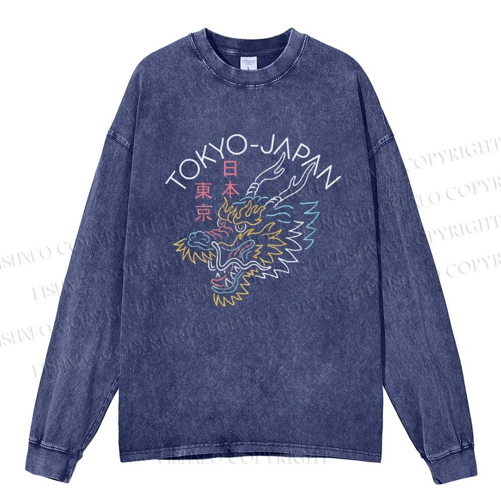Unisex Casual Washed Tokyo Japan Dragon Printed Long Sleeve T-shirt