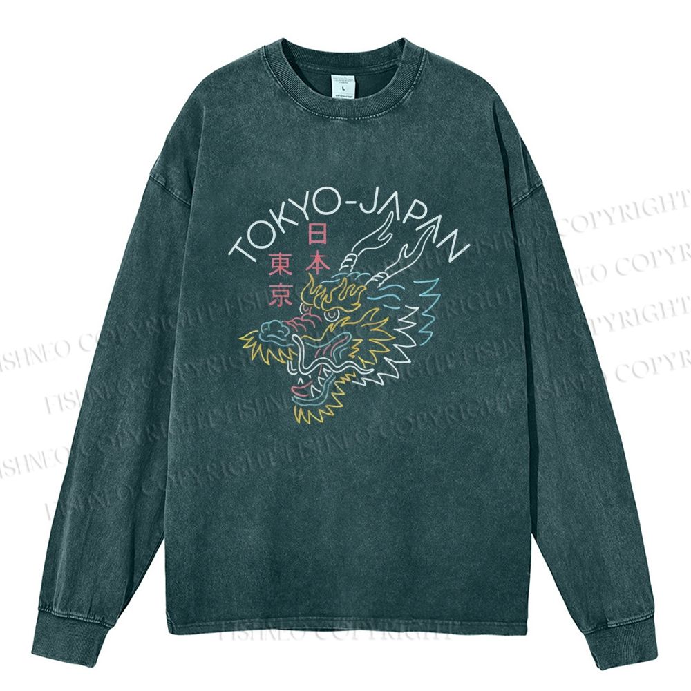 Unisex Casual Washed Tokyo Japan Dragon Printed Long Sleeve T-shirt