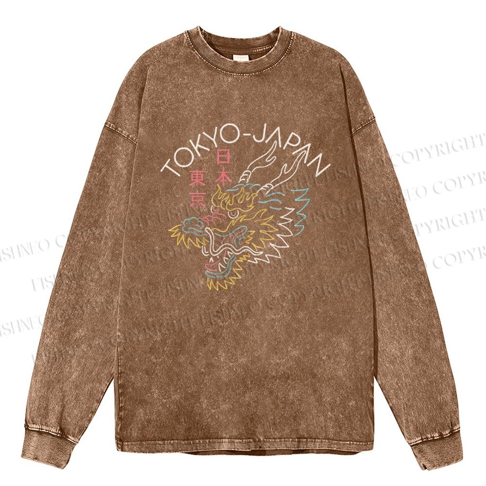 Unisex Casual Washed Tokyo Japan Dragon Printed Long Sleeve T-shirt