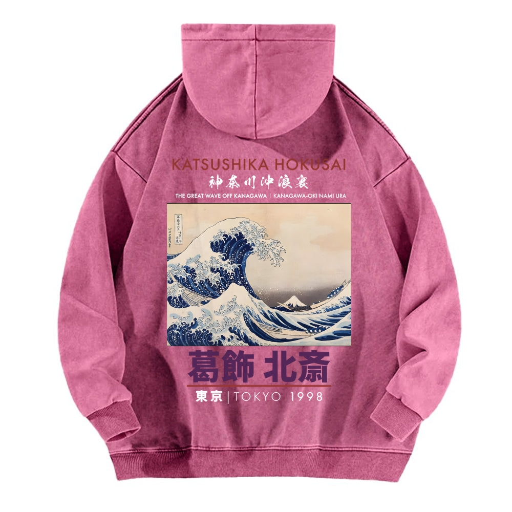 The Great Wave off Kanagawa Katsushika Hokusai Vintage Washed Cotton Back Art Hoodie