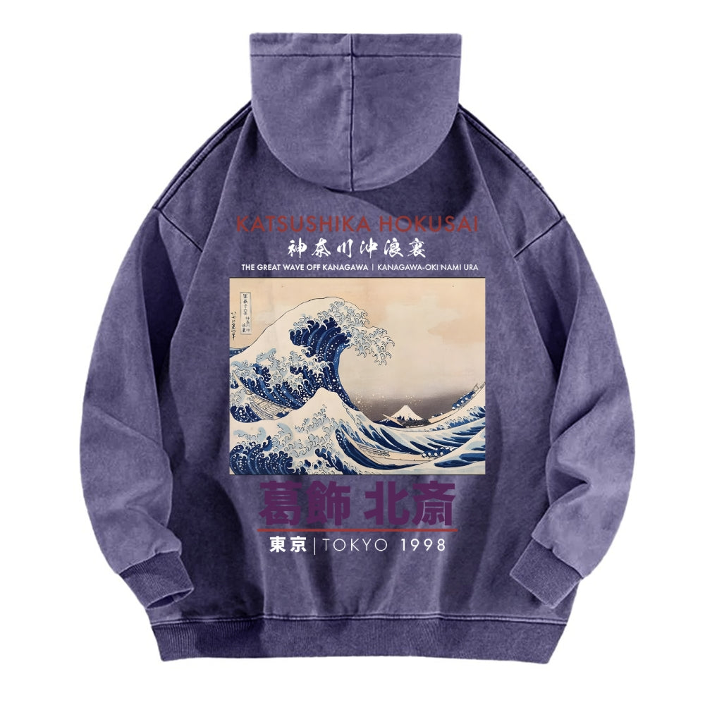 The Great Wave off Kanagawa Katsushika Hokusai Vintage Washed Cotton Back Art Hoodie