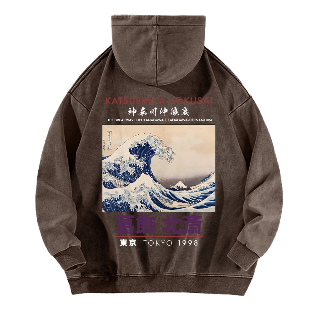 The Great Wave off Kanagawa Katsushika Hokusai Vintage Washed Cotton Back Art Hoodie