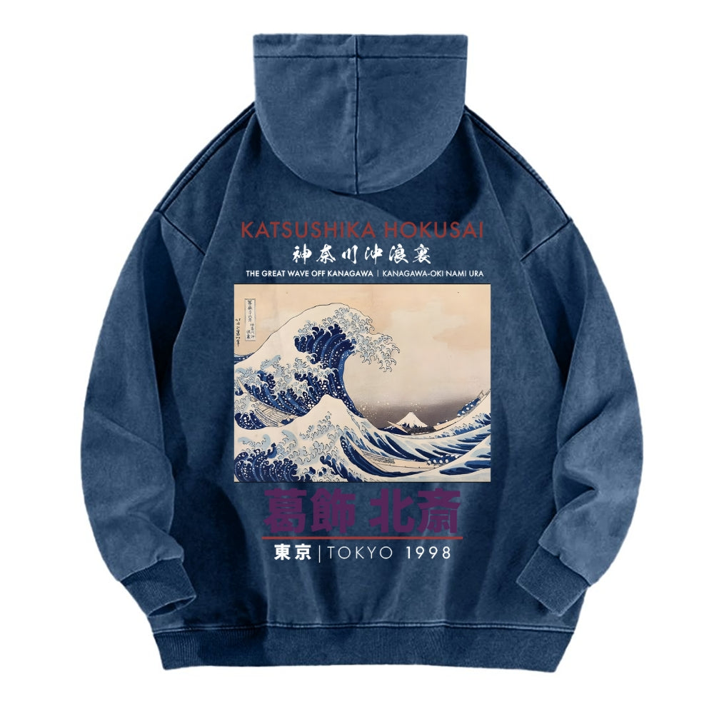 The Great Wave off Kanagawa Katsushika Hokusai Vintage Washed Cotton Back Art Hoodie
