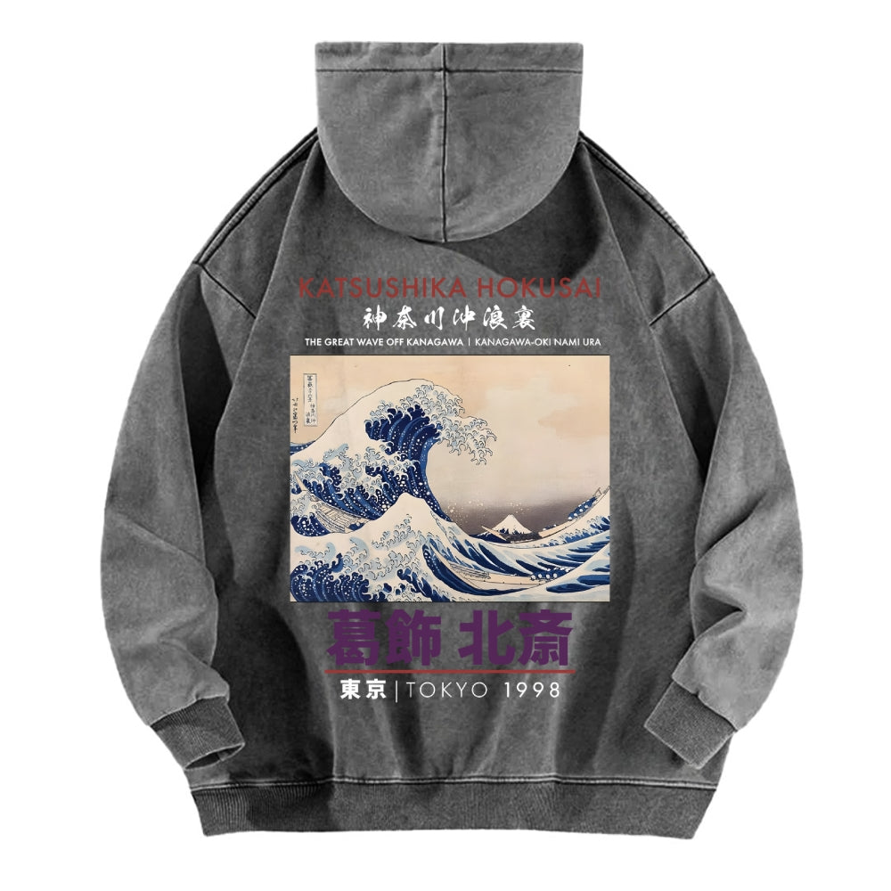 The Great Wave off Kanagawa Katsushika Hokusai Vintage Washed Cotton Back Art Hoodie