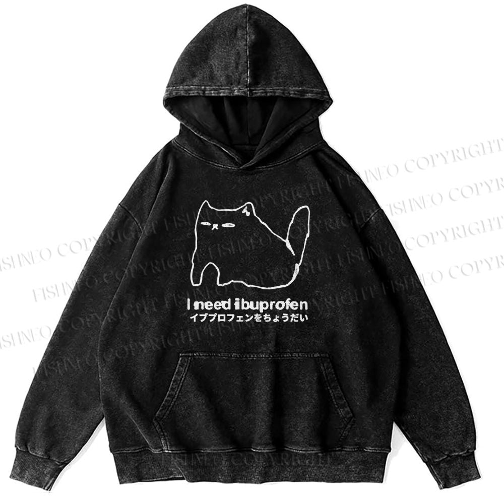 Unisex Casual I need ibuprofen Cat Vintage Printed Washed Hoodie