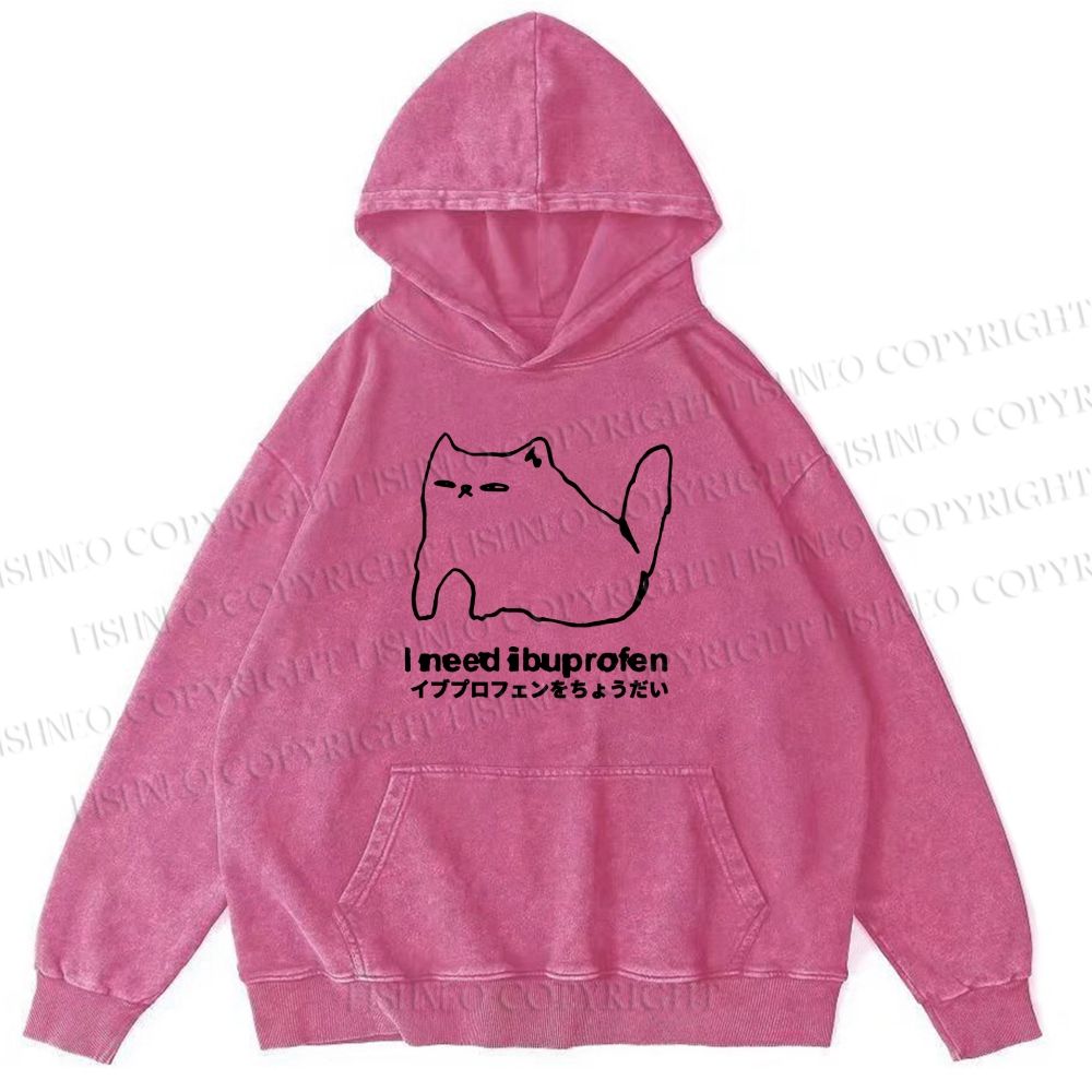 Unisex Casual I need ibuprofen Cat Vintage Printed Washed Hoodie