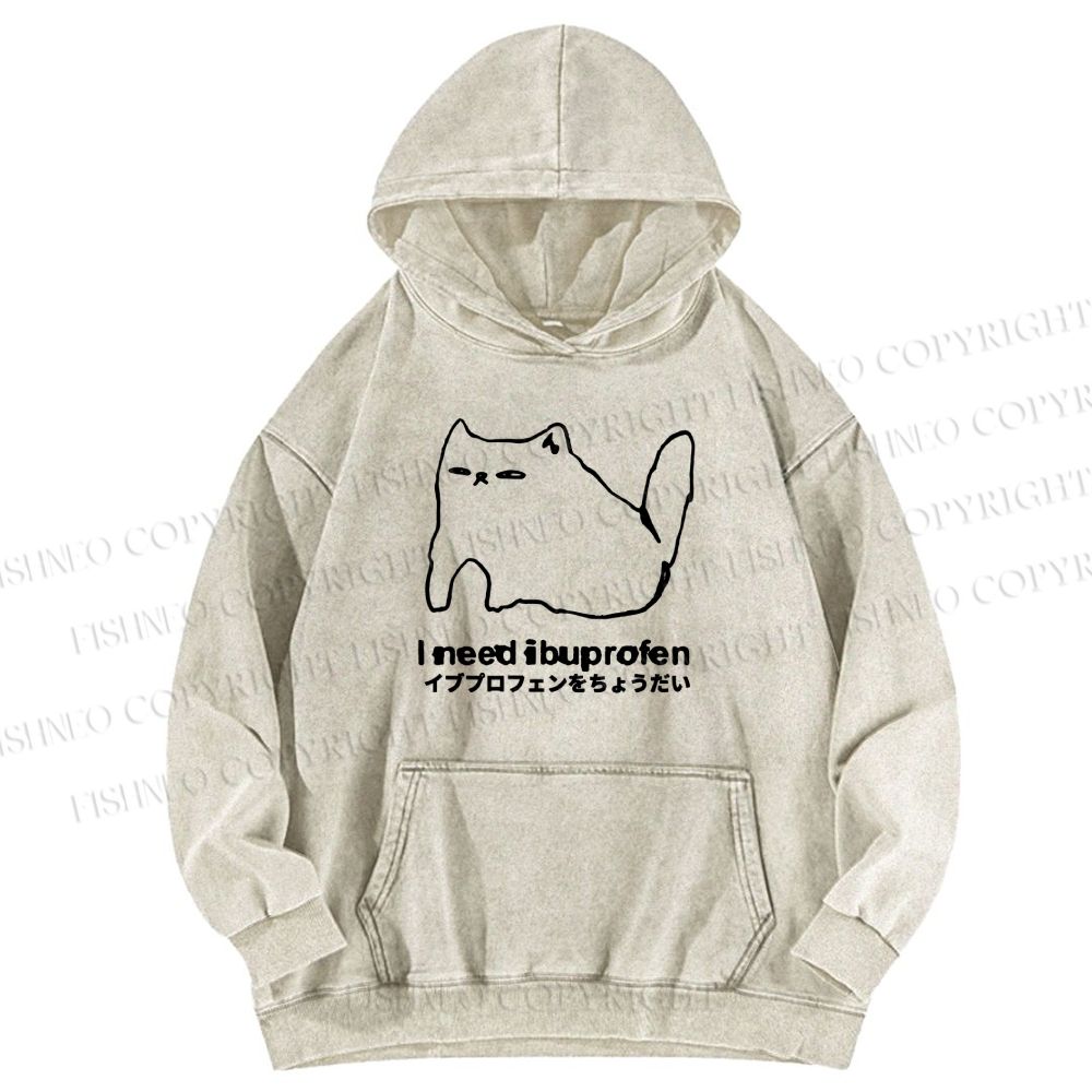 Unisex Casual I need ibuprofen Cat Vintage Printed Washed Hoodie