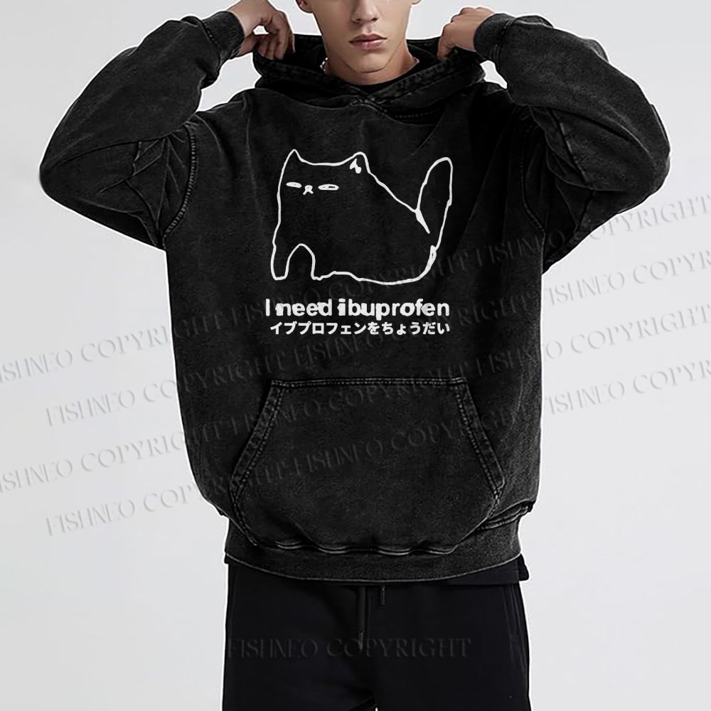 Unisex Casual I need ibuprofen Cat Vintage Printed Washed Hoodie
