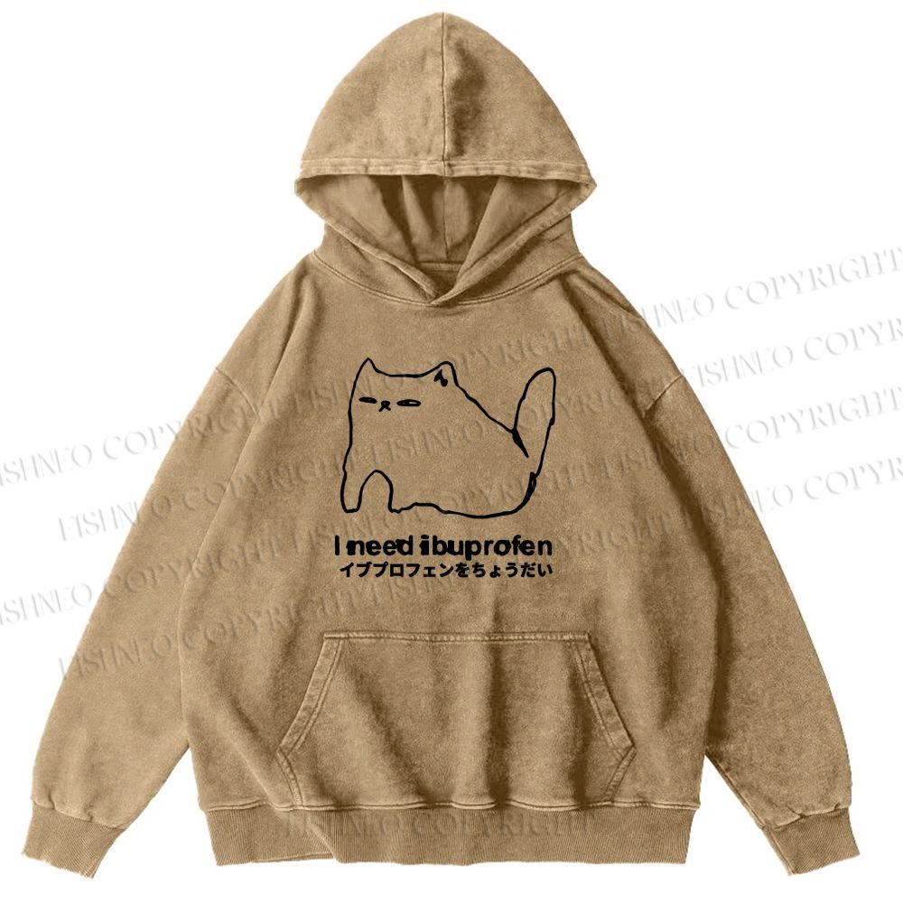 Unisex Casual I need ibuprofen Cat Vintage Printed Washed Hoodie