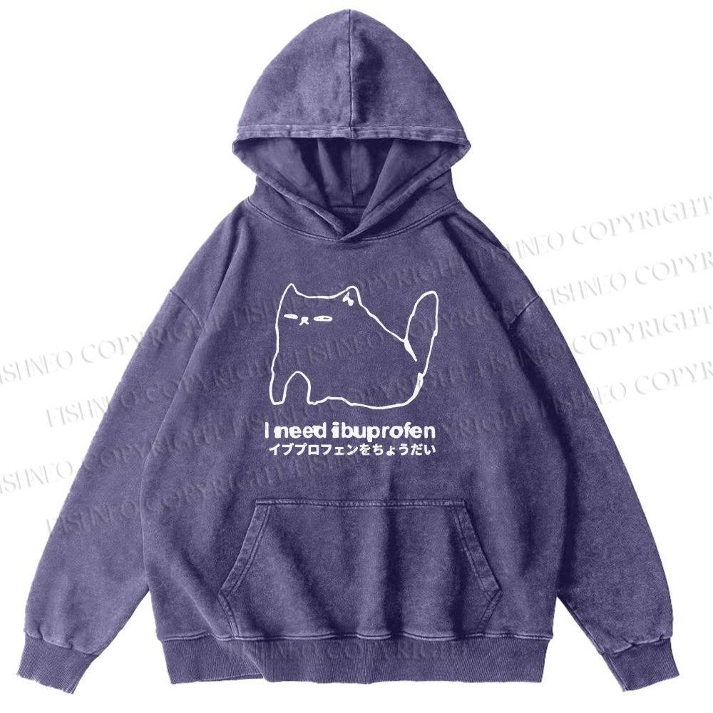 Unisex Casual I need ibuprofen Cat Vintage Printed Washed Hoodie