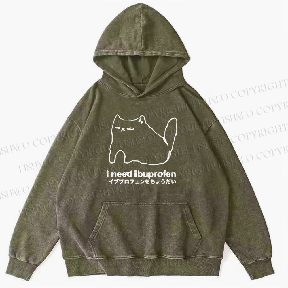 Unisex Casual I need ibuprofen Cat Vintage Printed Washed Hoodie
