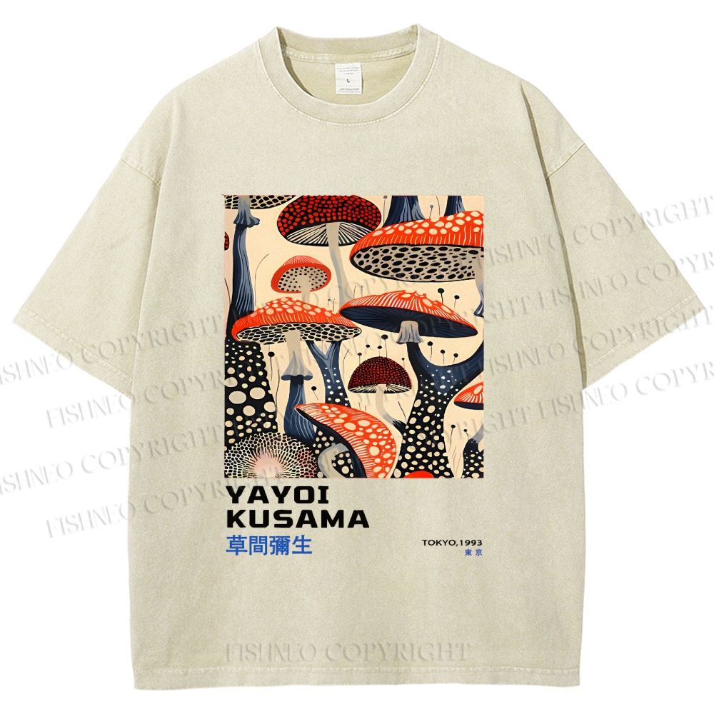 Unisex Yayoi Kusama Mushroom Vintage Japanese Printed Washed Tee