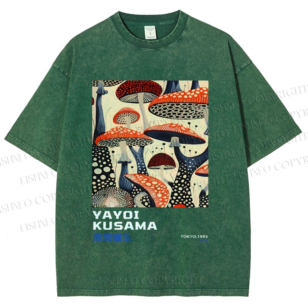 Unisex Yayoi Kusama Mushroom Vintage Japanese Printed Washed Tee