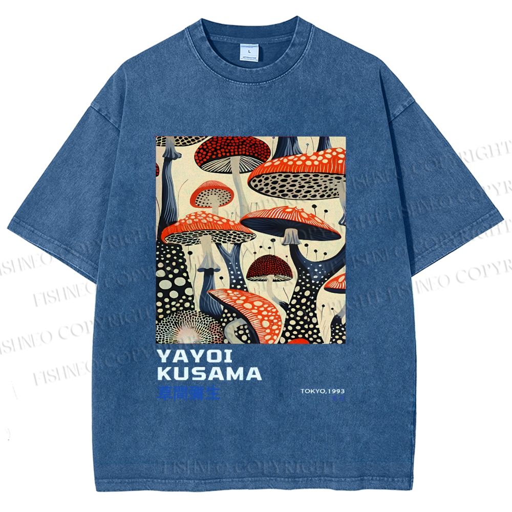Unisex Yayoi Kusama Mushroom Vintage Japanese Printed Washed Tee