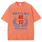 Unisex Vintage Japanese Fish Printed Washed Tee
