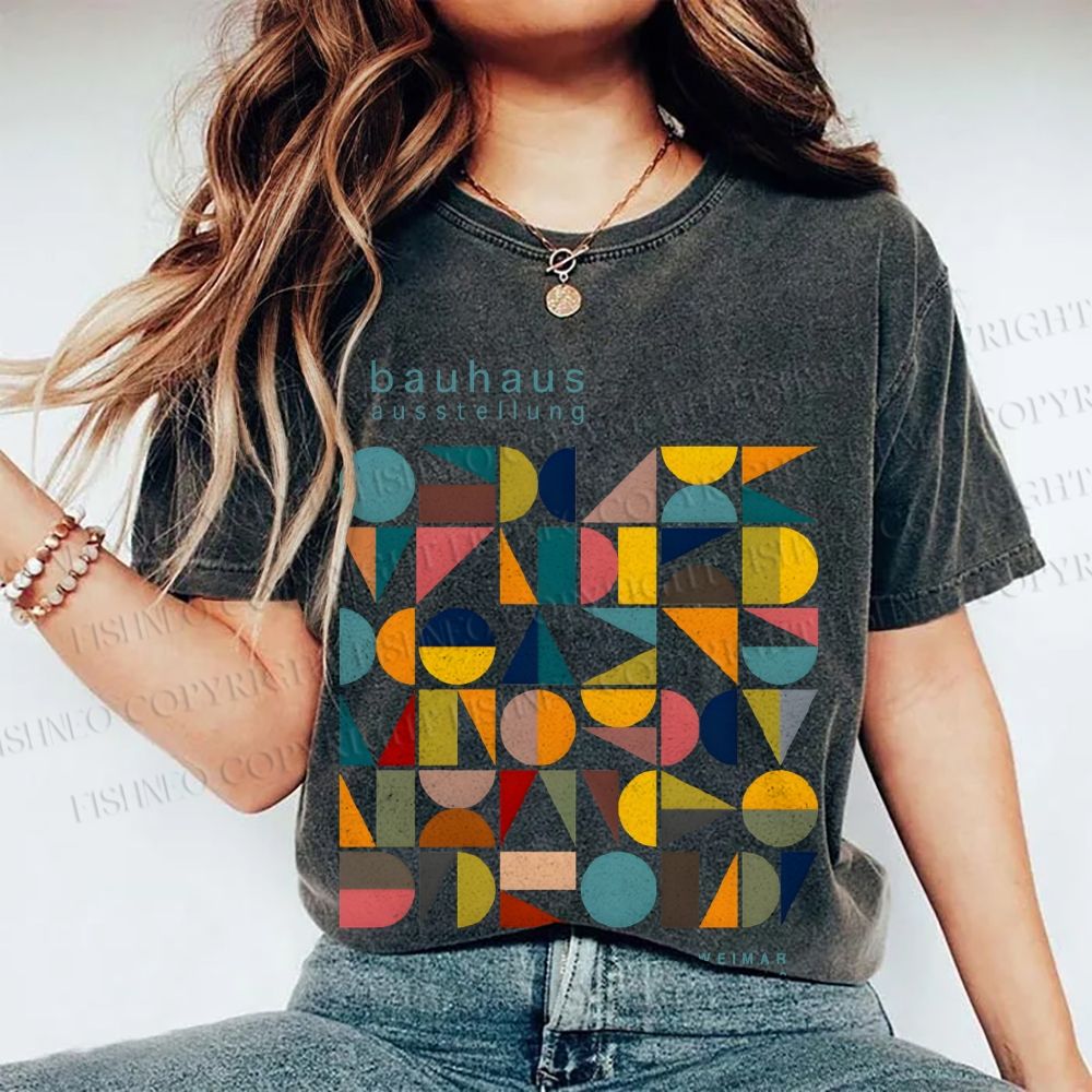 Unisex Colorful Bauhaus Design Printed Washed Tee