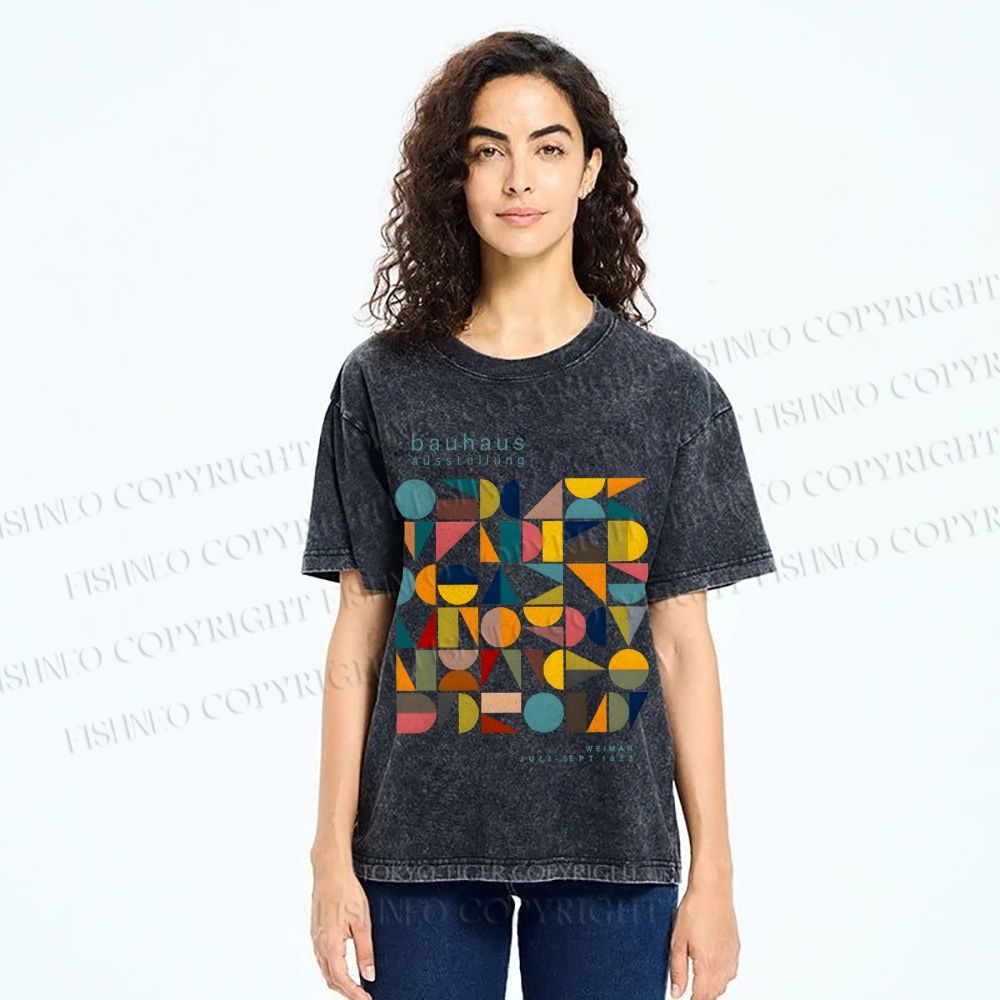 Unisex Colorful Bauhaus Design Printed Washed Tee