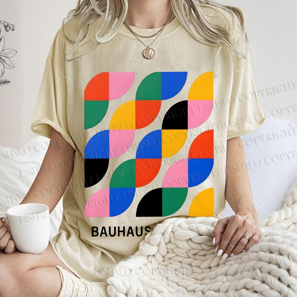 Unisex Colorful Bauhaus Design Printed Washed Tee