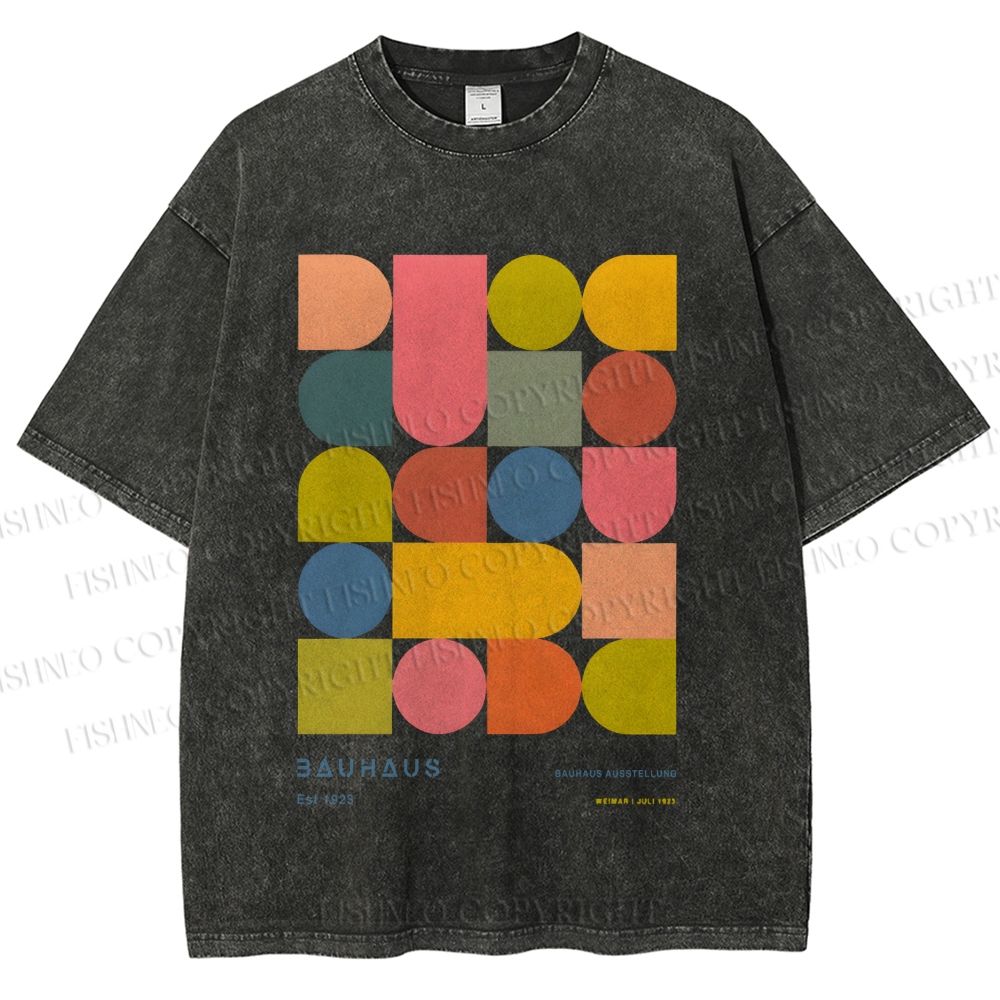 Unisex Colorful Bauhaus Design Printed Washed Tee