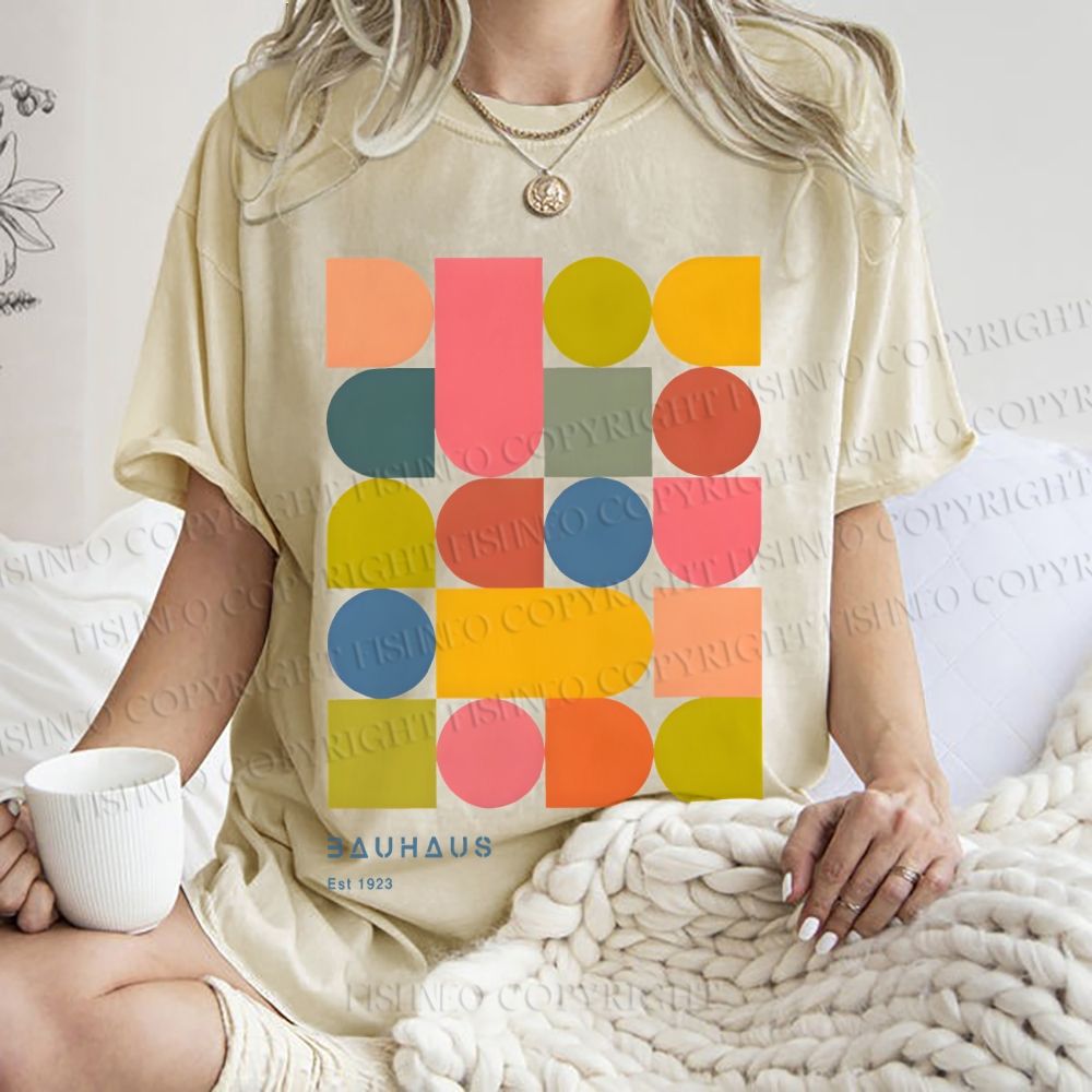 Unisex Colorful Bauhaus Design Printed Washed Tee