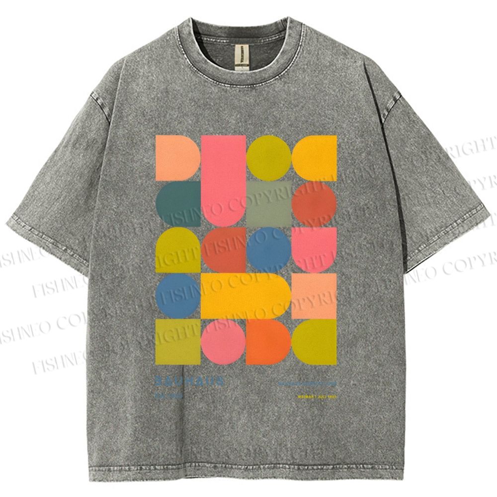 Unisex Colorful Bauhaus Design Printed Washed Tee