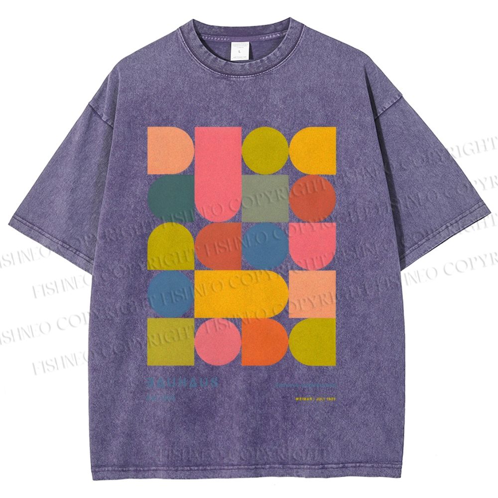 Unisex Colorful Bauhaus Design Printed Washed Tee