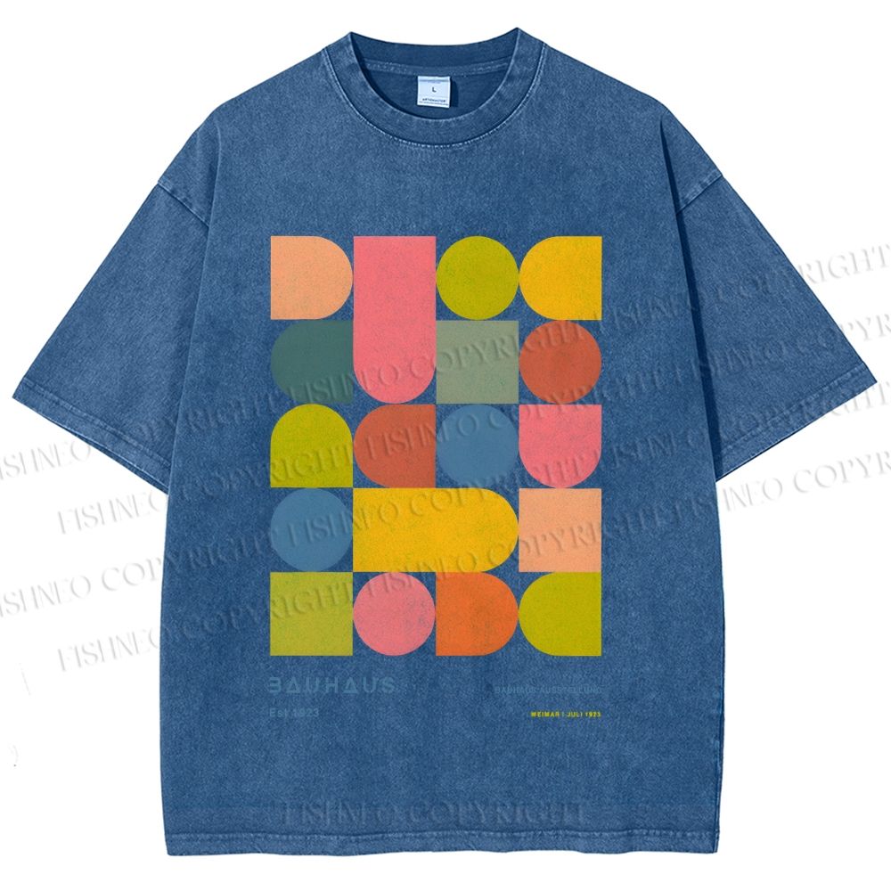 Unisex Colorful Bauhaus Design Printed Washed Tee