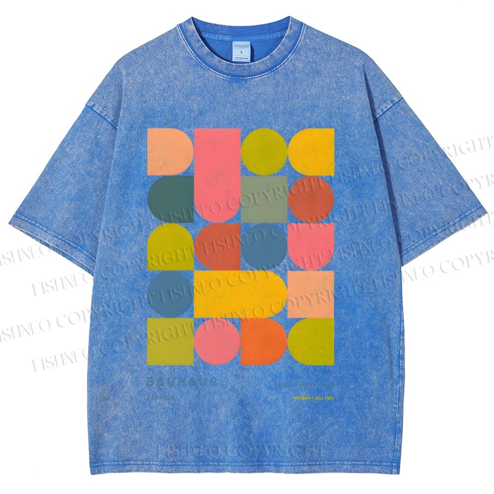 Unisex Colorful Bauhaus Design Printed Washed Tee
