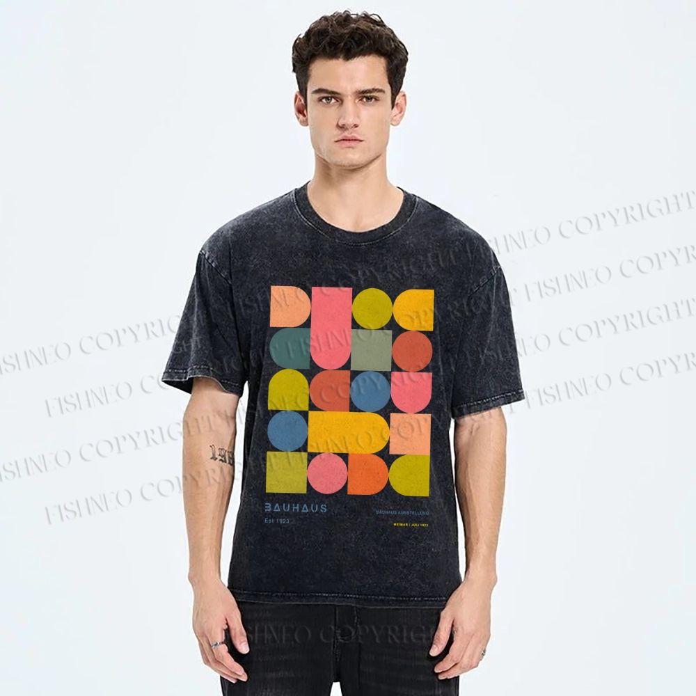 Unisex Colorful Bauhaus Design Printed Washed Tee