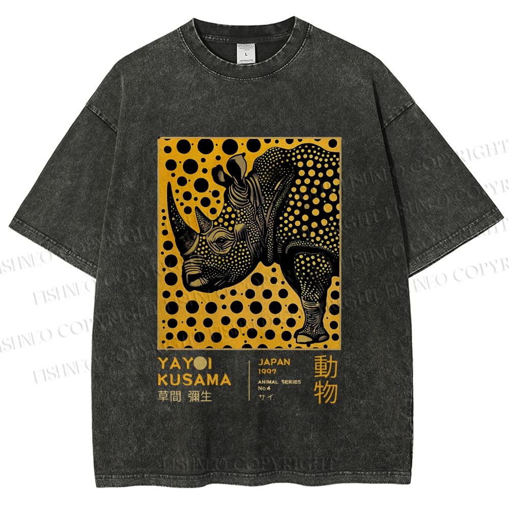 Unisex Japanese Rhinoceros Yayoi Kusama Printed Washed Tee