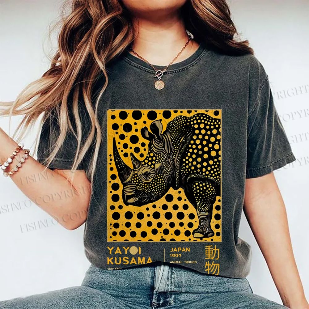 Unisex Japanese Rhinoceros Yayoi Kusama Printed Washed Tee