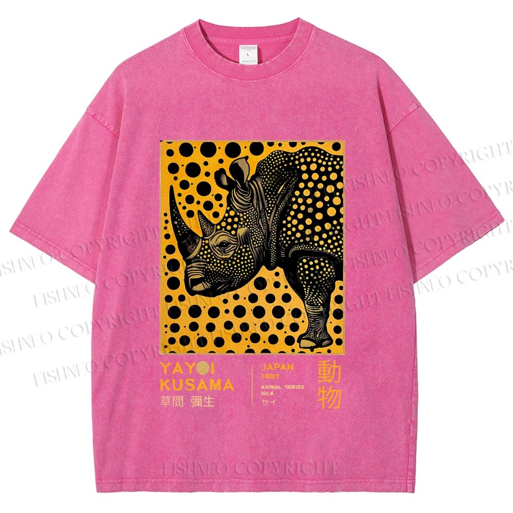 Unisex Japanese Rhinoceros Yayoi Kusama Printed Washed Tee