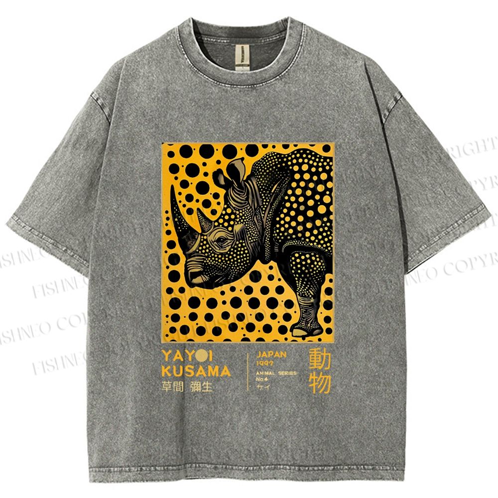 Unisex Japanese Rhinoceros Yayoi Kusama Printed Washed Tee