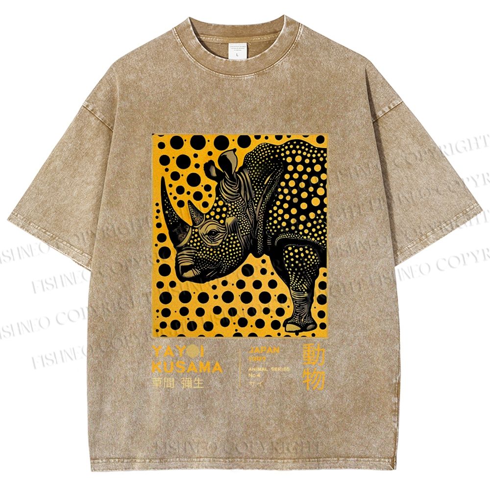 Unisex Japanese Rhinoceros Yayoi Kusama Printed Washed Tee