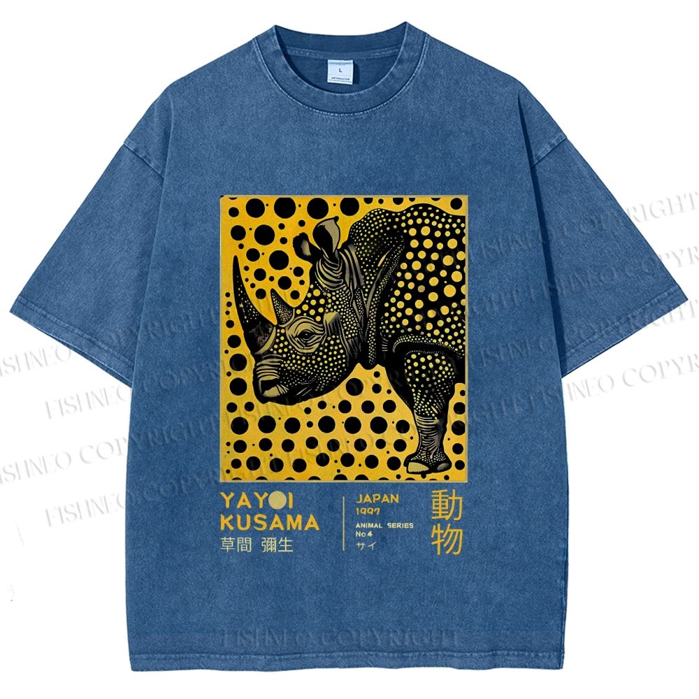 Unisex Japanese Rhinoceros Yayoi Kusama Printed Washed Tee