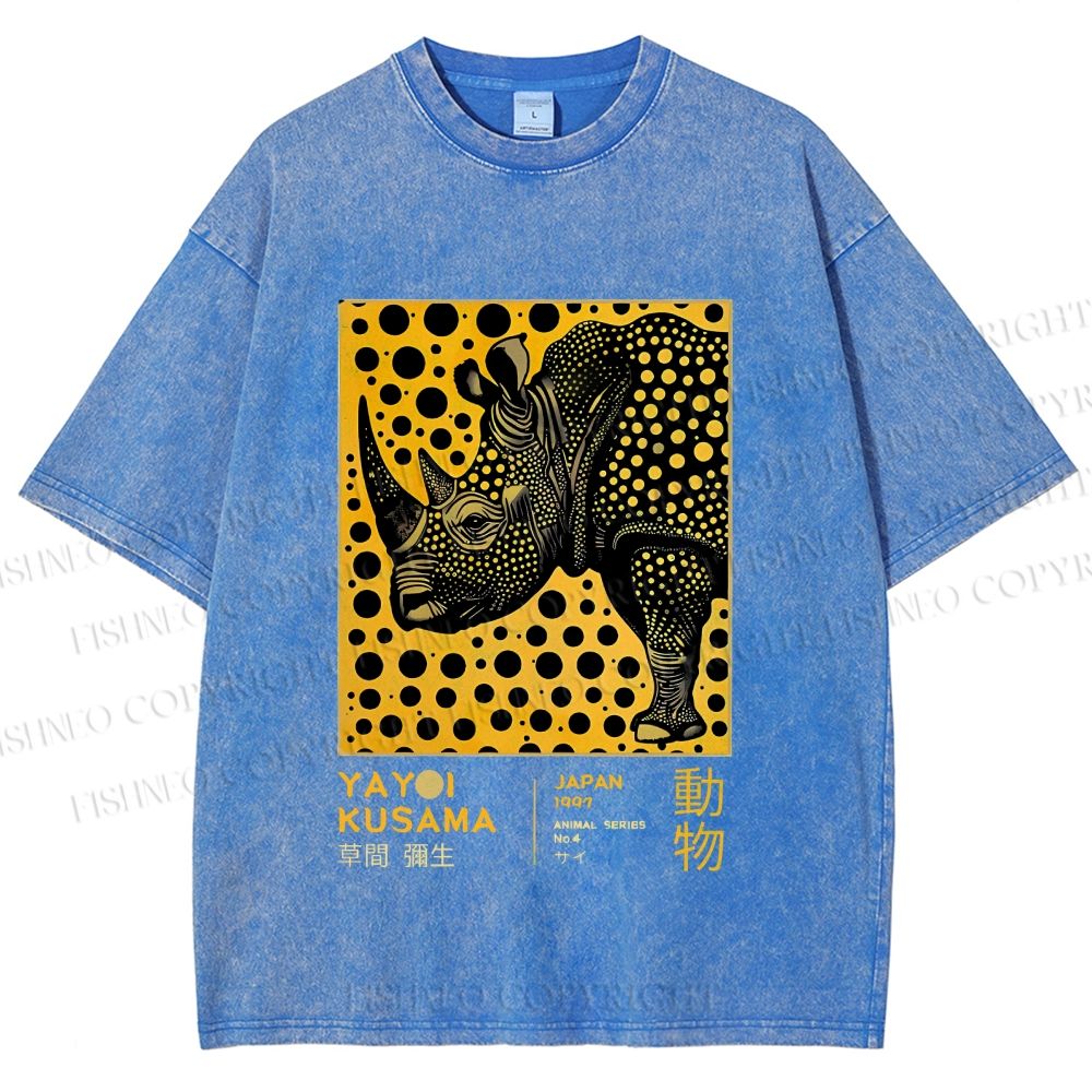 Unisex Japanese Rhinoceros Yayoi Kusama Printed Washed Tee