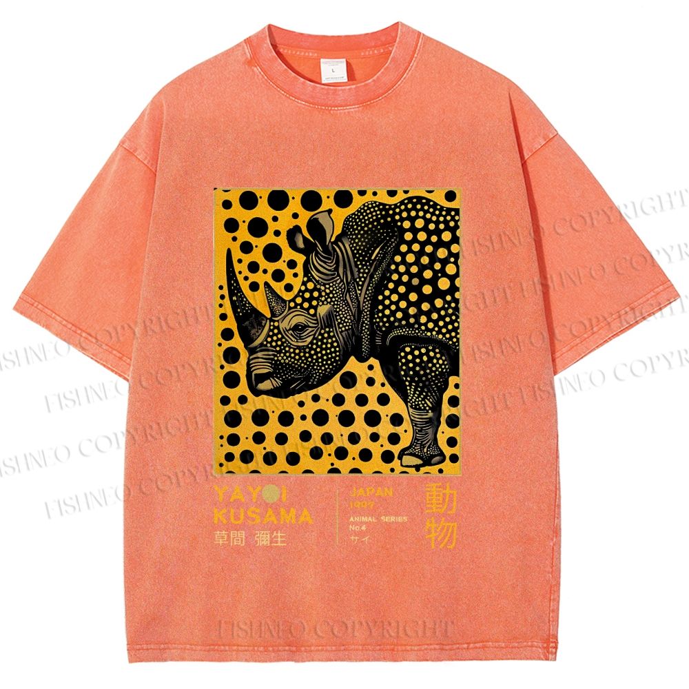 Unisex Japanese Rhinoceros Yayoi Kusama Printed Washed Tee