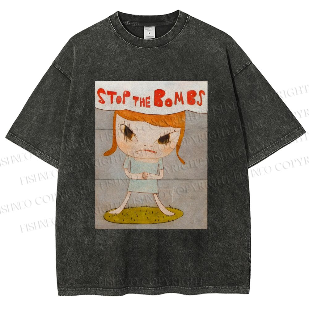 Unisex Yoshitomo Nara Stop The Bombs Printed Washed Tee