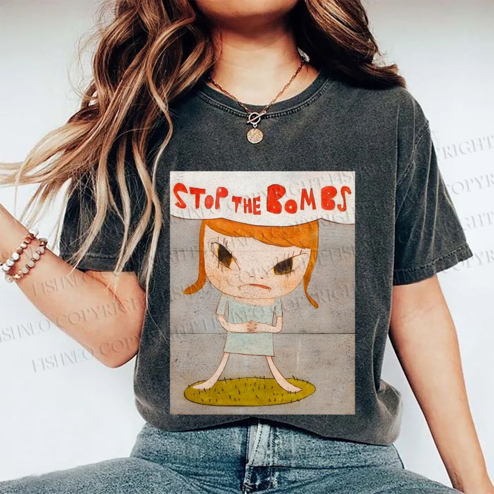 Unisex Yoshitomo Nara Stop The Bombs Printed Washed Tee