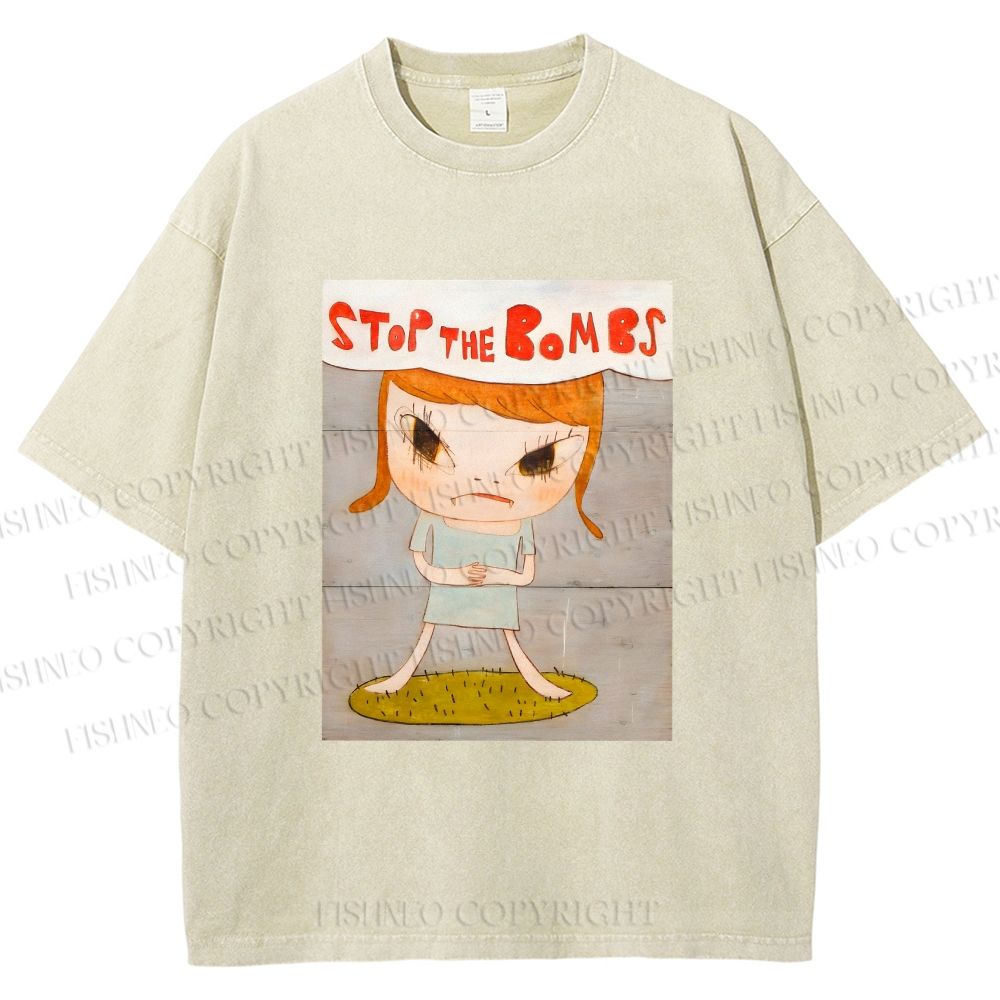 Unisex Yoshitomo Nara Stop The Bombs Printed Washed Tee