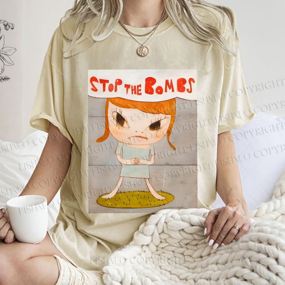 Unisex Yoshitomo Nara Stop The Bombs Printed Washed Tee