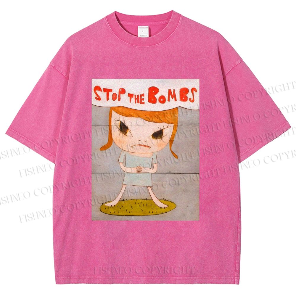 Unisex Yoshitomo Nara Stop The Bombs Printed Washed Tee