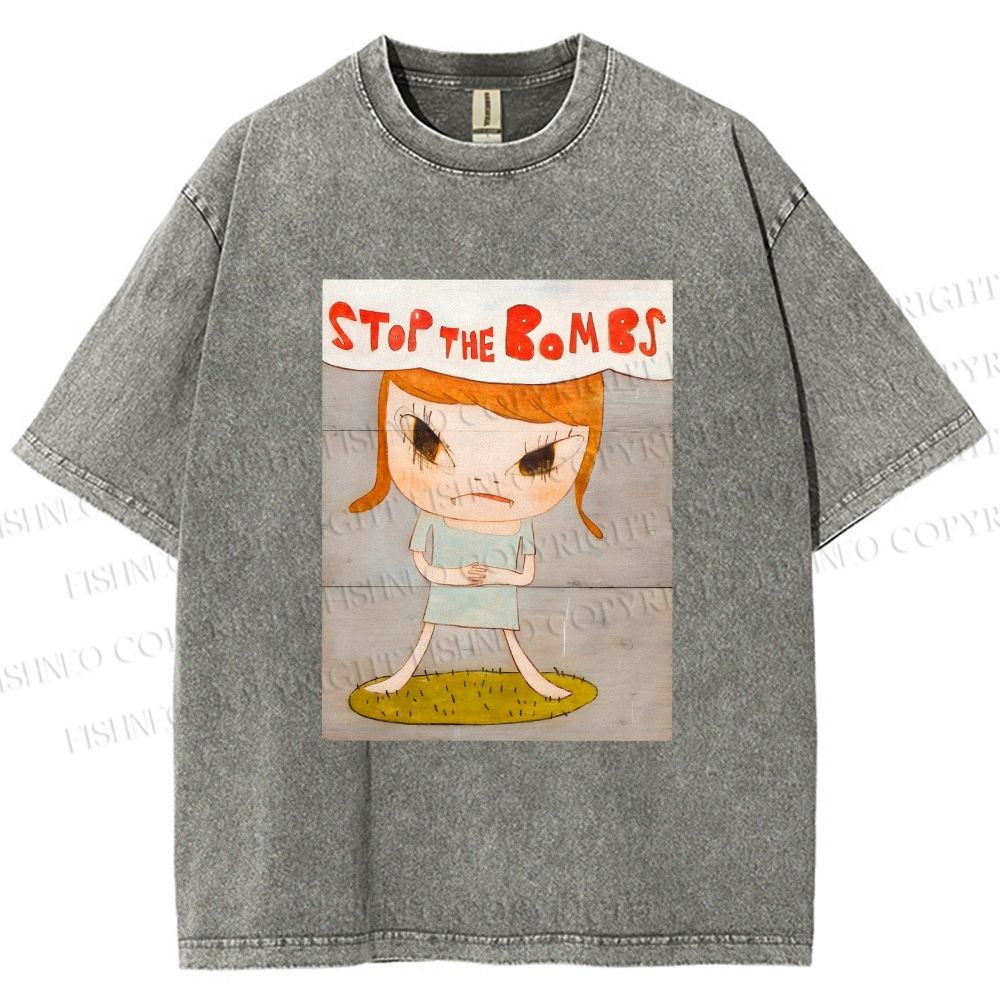 Unisex Yoshitomo Nara Stop The Bombs Printed Washed Tee