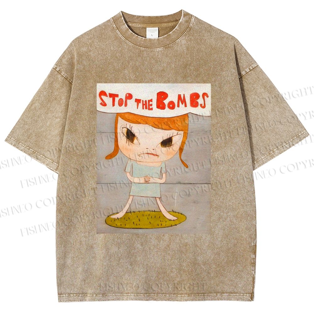 Unisex Yoshitomo Nara Stop The Bombs Printed Washed Tee