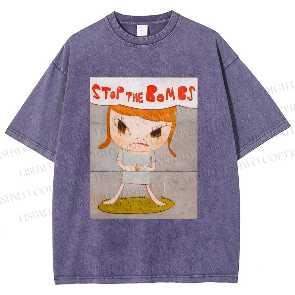 Unisex Yoshitomo Nara Stop The Bombs Printed Washed Tee